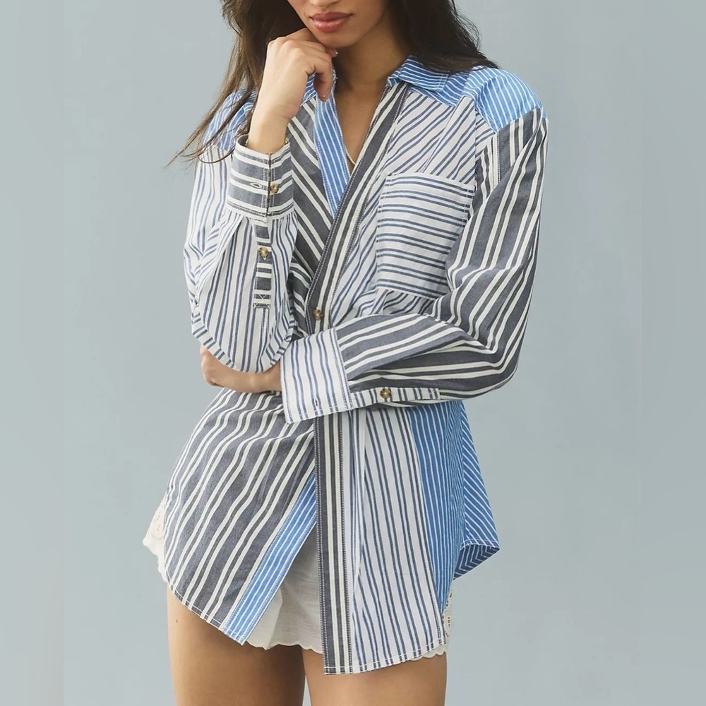 Anthropologie Blue, White & Gray Striped Button-Up Blouse